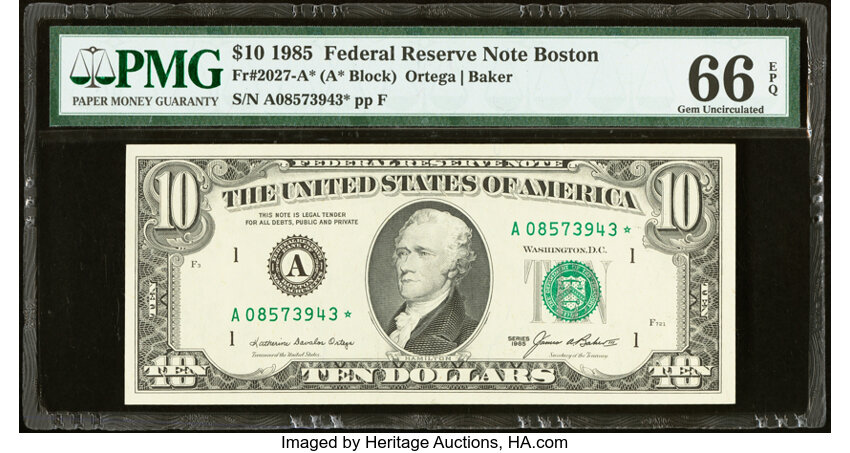 image for: Fr. 2027-A* $10 1985 Federal Reserve Star Note. PMG Gem Uncirculated 66 EPQ....
