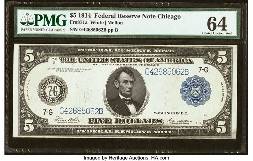image for: Fr. 871a $5 1914 Federal Reserve Note PMG Choice Uncirculated 64....