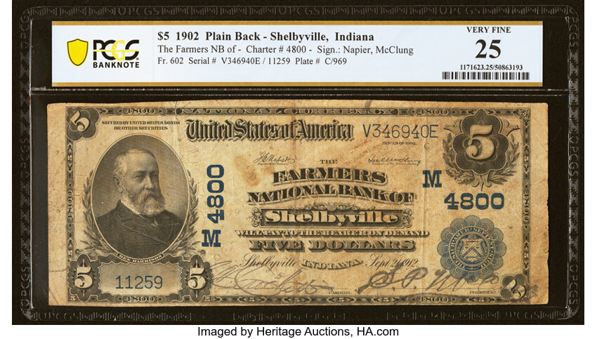 image for: Shelbyville, IN - $5 1902 Plain Back Fr. 602 The Farmers National Bank Ch. # (M)4800 PCGS Banknote Very Fine 25....