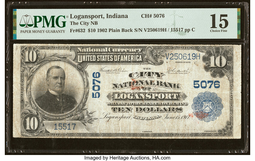 image for: Logansport, IN - $10 1902 Plain Back Fr. 632 The City National Bank Ch. # 5076 PMG Choice Fine 15....