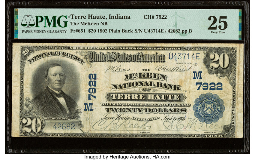 image for: Terre Haute, IN - $20 1902 Plain Back Fr. 651 The McKeen National Bank Ch. # (M)7922 PMG Very Fine 25....