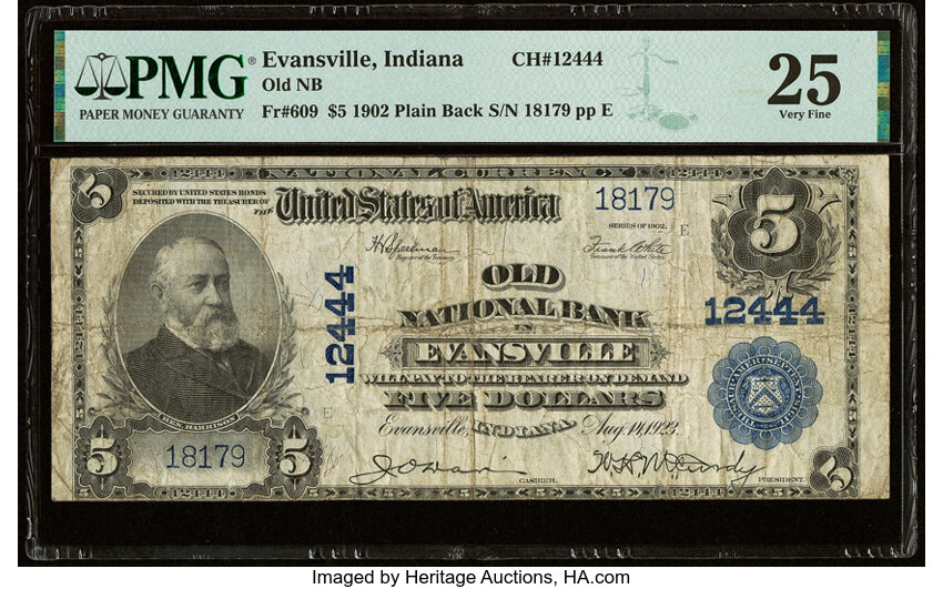 image for: Evansville, IN - $5 1902 Plain Back Fr. 609 Old National Bank Ch. # 12444 PMG Very Fine 25....