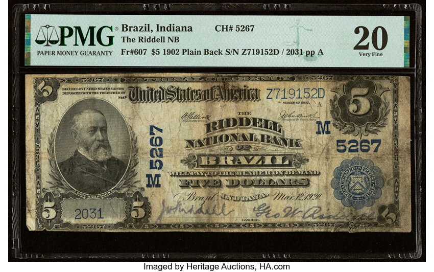 image for: Brazil, IN - $5 1902 Plain Back Fr. 607 The Riddell National Bank Ch. # (M)5267 PMG Very Fine 20....