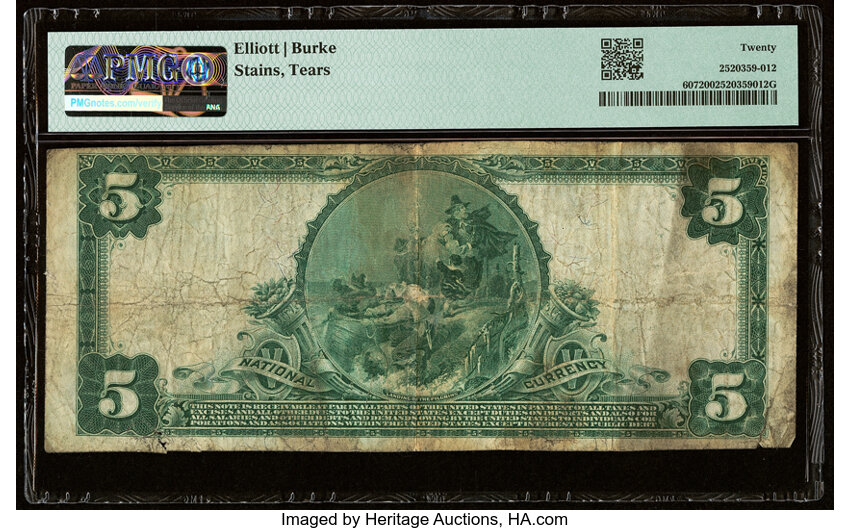 image for: Brazil, IN - $5 1902 Plain Back Fr. 607 The Riddell National Bank Ch. # (M)5267 PMG Very Fine 20....