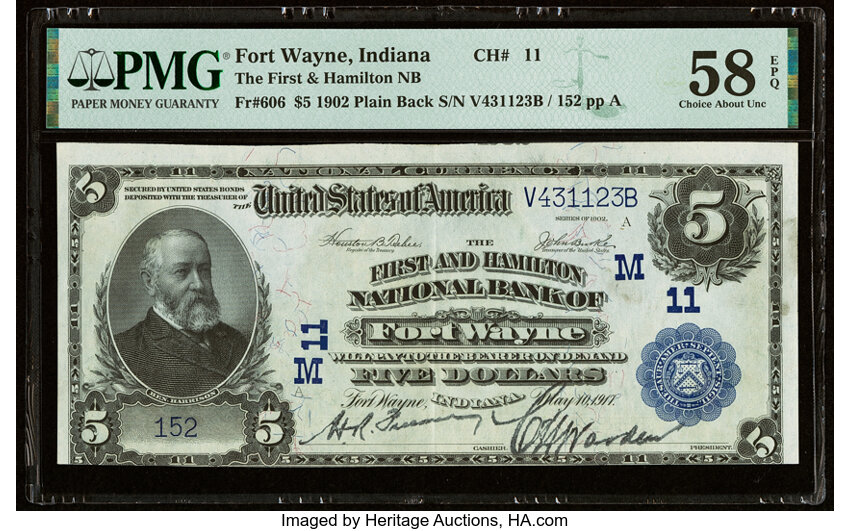 image for: Fort Wayne, IN - $5 1902 Plain Back Fr. 606 The First & Hamilton National Bank Ch. # (M)11 PMG Choice About Unc 58 EPQ....