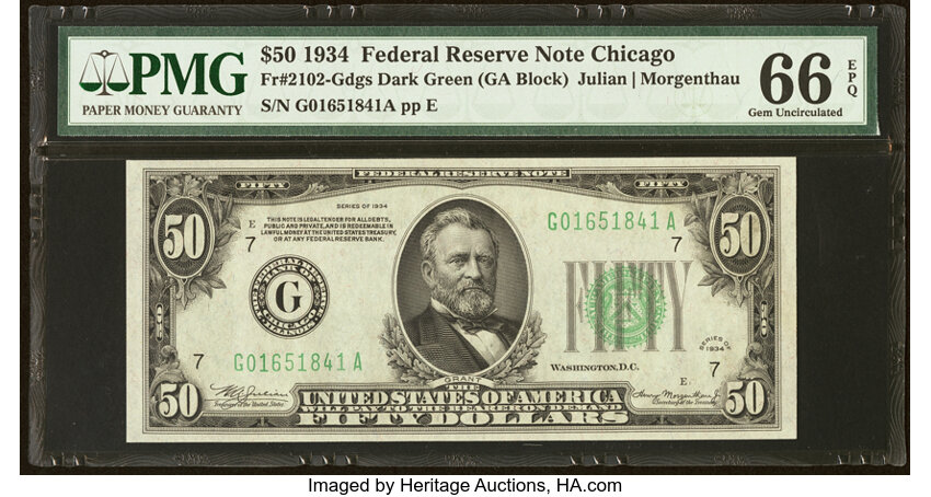 image for: Fr. 2102-G $50 1934 Federal Reserve Note. PMG Gem Uncirculated 66 EPQ....