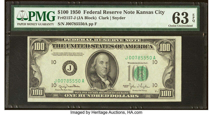 image for: Fr. 2157-J $100 1950 Federal Reserve Note. PMG Choice Uncirculated 63 EPQ....
