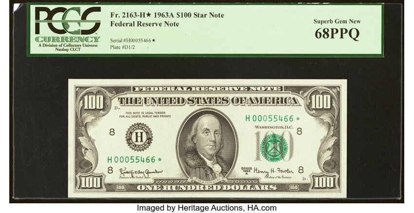 image for: Fr. 2163-H* $100 1963A Federal Reserve Star Note. PCGS Superb Gem New 68PPQ....