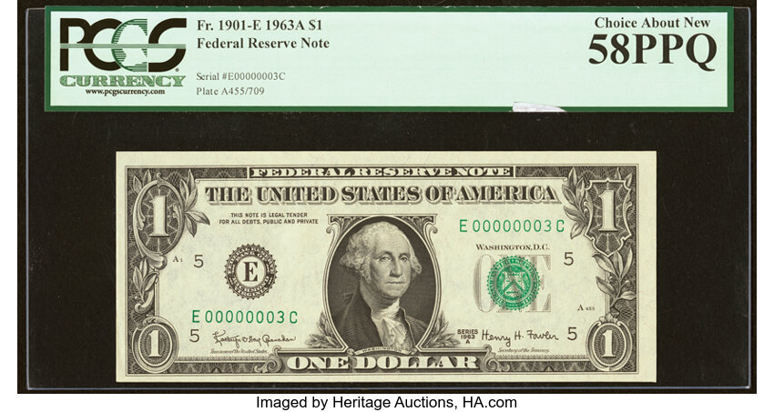 image for: Low Serial Number 3 Fr. 1901-E $1 1963A Federal Reserve Note. PCGS Choice About New 58PPQ....