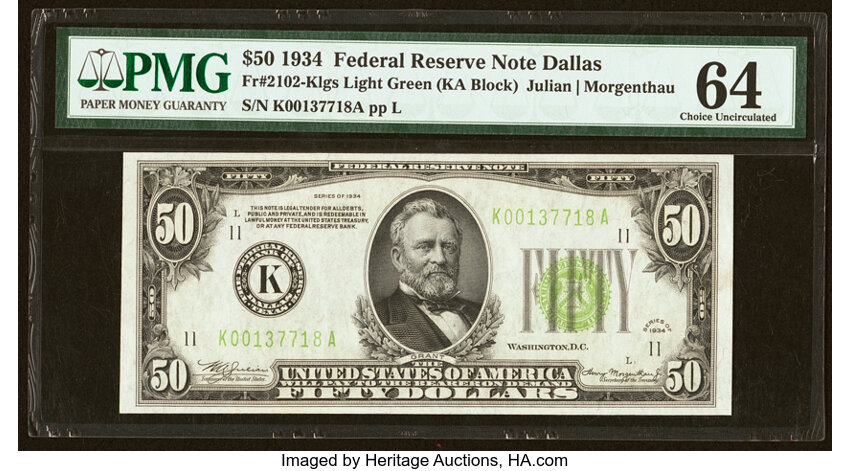 image for: Fr. 2102-K $50 1934 Light Green Seal Federal Reserve Note. PMG Choice Uncirculated 64....