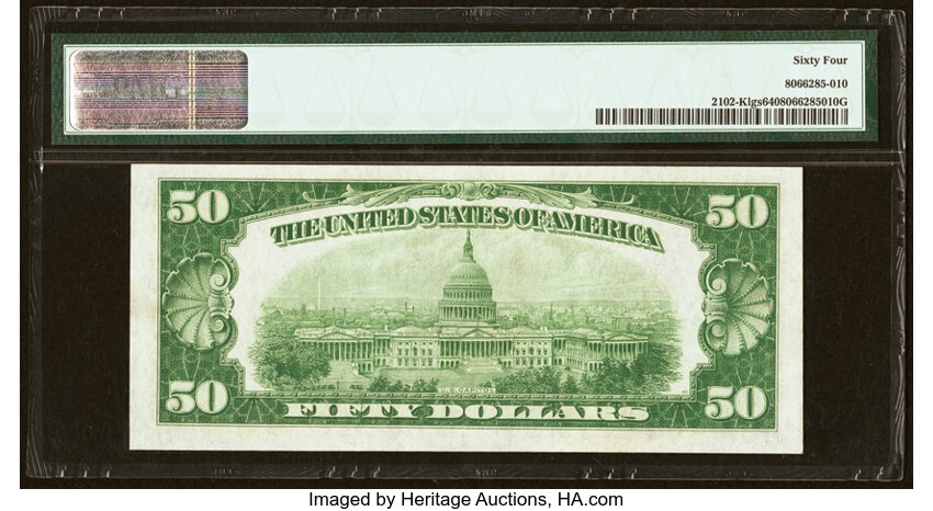 image for: Fr. 2102-K $50 1934 Light Green Seal Federal Reserve Note. PMG Choice Uncirculated 64....