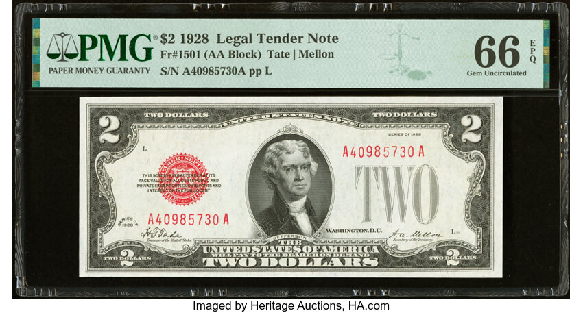 image for: Fr. 1501 $2 1928 Legal Tender Note. PMG Gem Uncirculated 66 EPQ....