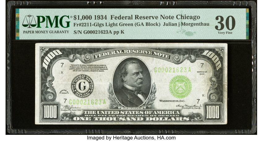 image for: Fr. 2211-G $1,000 1934 Light Green Seal Federal Reserve Note. PMG Very Fine 30....