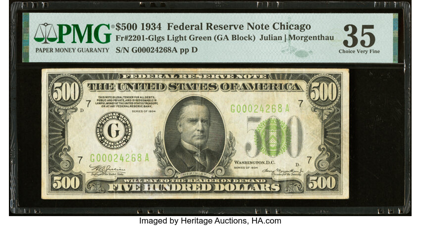 image for: Fr. 2201-G $500 1934 Light Green Seal Federal Reserve Note. PMG Choice Very Fine 35....