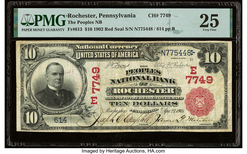 image for: Rochester, PA - $10 1902 Red Seal Fr. 613 The Peoples National Bank Ch. # (E)7749 PMG Very Fine 25....