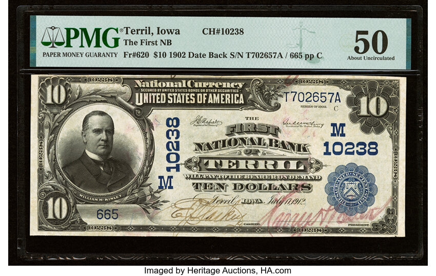 image for: Terril, IA - $10 1902 Date Back Fr. 620 The First National Bank Ch. # (M)10238 PMG About Uncirculated 50....