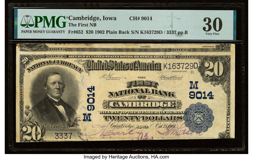 image for: Cambridge, IA - $20 1902 Plain Back Fr. 652 The First National Bank Ch. # (M)9014 PMG Very Fine 30....