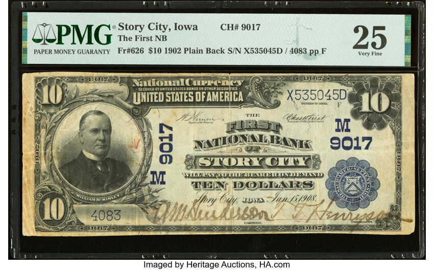 image for: Story City, IA - $10 1902 Plain Back Fr. 626 The First National Bank Ch. # (M)9017 PMG Very Fine 25....