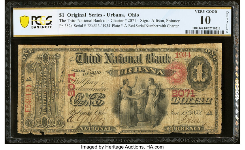 image for: Urbana, OH - $1 Original Fr. 382a The Third National Bank Ch. # 2071 PCGS Banknote Very Good 10 Details....