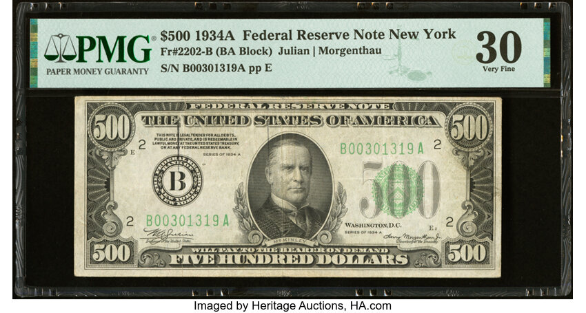 image for: Fr. 2202-B $500 1934A Federal Reserve Note. PMG Very Fine 30....