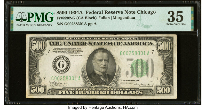 image for: Fr. 2202-G $500 1934A Federal Reserve Note. PMG Choice Very Fine 35....