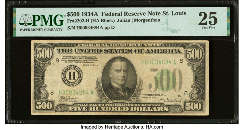 image for: Fr. 2202-H $500 1934A Federal Reserve Note. PMG Very Fine 25....