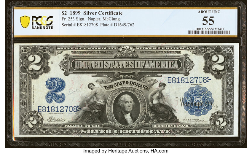 image for: Fr. 253 $2 1899 Silver Certificate PCGS Banknote About Unc 55....
