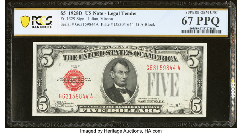 image for: Fr. 1529 $5 1928D Legal Tender Note. PCGS Banknote Superb Gem Unc 67 PPQ....