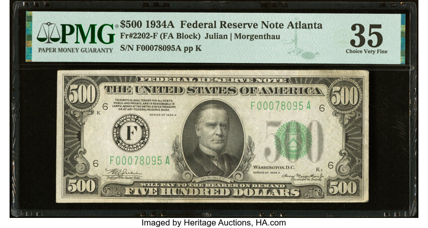image for: Fr. 2202-F $500 1934A Federal Reserve Note. PMG Choice Very Fine 35....