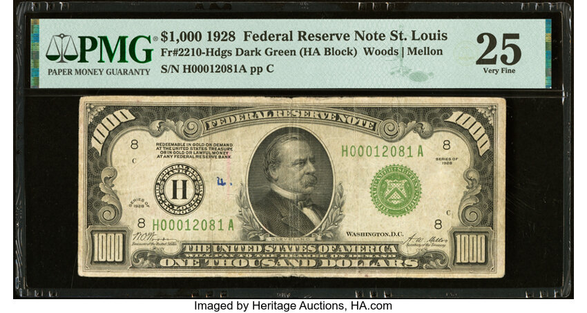image for: Fr. 2210-H $1,000 1928 Federal Reserve Note. PMG Very Fine 25....