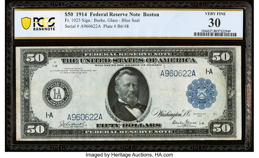 image for: Fr. 1025 $50 1914 Federal Reserve Note PCGS Banknote Very Fine 30....