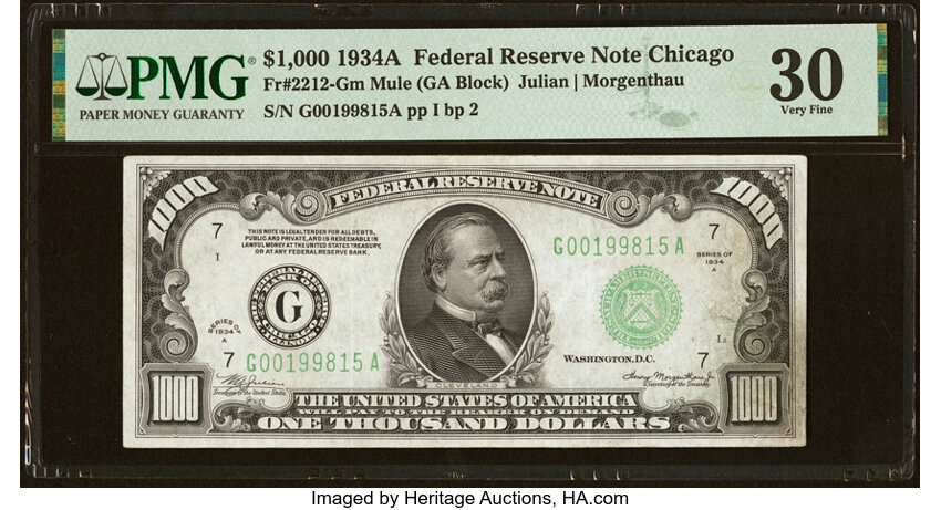 image for: Fr. 2212-G $1,000 1934A Mule Federal Reserve Note. PMG Very Fine 30....