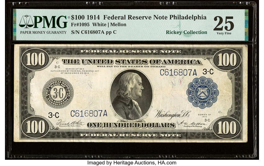 image for: Fr. 1095 $100 1914 Federal Reserve Note PMG Very Fine 25....