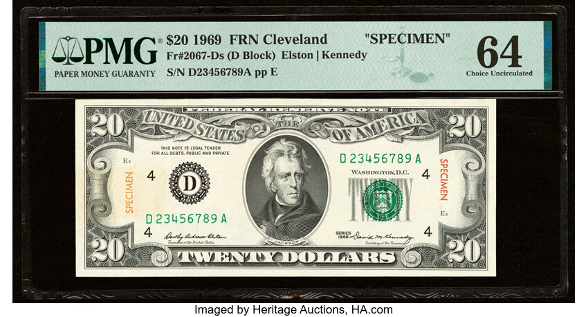image for: Fr. 2067-D $20 1969 Specimen Federal Reserve Note. PMG Choice Uncirculated 64....