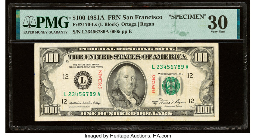 image for: Fr. 2170-L $100 1981A Specimen Federal Reserve Note. PMG Very Fine 30....