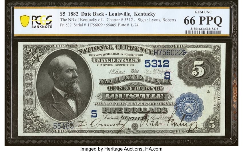 image for: Louisville, KY - $5 1882 Date Back Fr. 537 The National Bank of Kentucky Ch. # (S)5312 PCGS Banknote Gem Unc 66 PPQ....