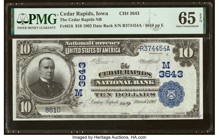 image for: Cedar Rapids, IA - $10 1902 Date Back Fr. 618 The Cedar Rapids National Bank Ch. # (M)3643 PMG Gem Uncirculated 65 EPQ....