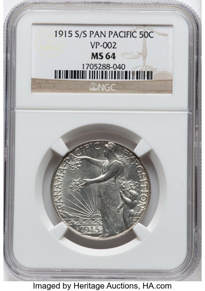 image for: 1915-S/S 50C Panama-Pacific, FS-501, MS64 NGC. VP-002. NGC Census: (0/0). CDN: $1,265 Whsle. Bid for NGC/PCGS MS64. Mintage...