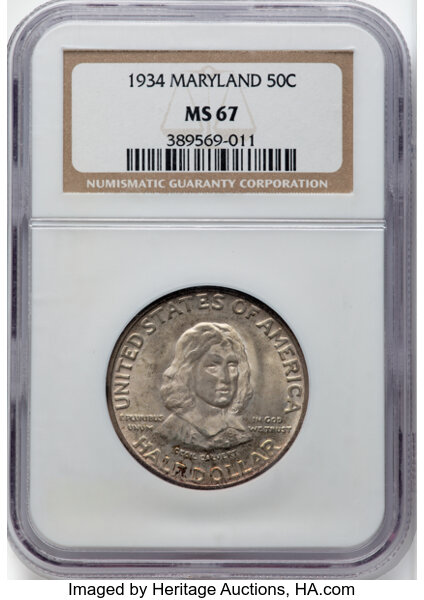 1934 50C Maryland MS67 NGC. Mintage 25,015....
