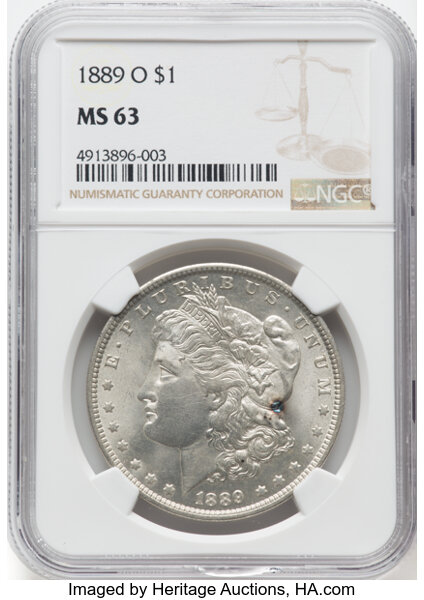 1889-O $1 MS63 NGC. CDN: $500 Whsle. Bid for NGC/PCGS MS63. Mintage 11,875,000. ...