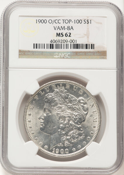 image for: 1900-O/CC $1 VAM-8A MS62 NGC. A Top 100 Variety. NGC Census: 20 in 62 (2 in 62+), 56 finer (10/25). CDN: $700 Whsle. Bid fo...