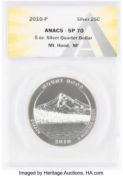 image for: 2010-P 25C Mount Hood Five-Ounce Silver Quarter Dollar SP70 ANACS....