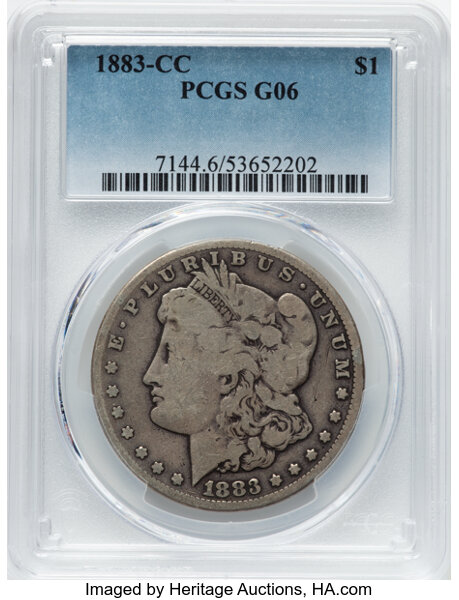 1883-CC $1 Good 6 PCGS. PCGS Population: 71 in 6, 54802 finer (9/25). CDN: $115 Whsle. Bid for NGC/PCGS Good 6 . Mintage 1,...