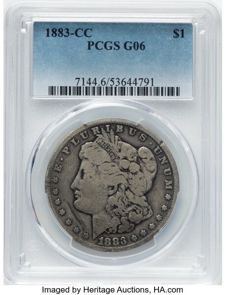 1883-CC $1 Good 6 PCGS. PCGS Population: 71 in 6, 54802 finer (9/25). CDN: $115 Whsle. Bid for NGC/PCGS Good 6 . Mintage 1,...