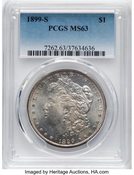1899-S $1 MS63 PCGS. CDN: $975 Whsle. Bid for NGC/PCGS MS63. Mintage 2,562,000. ...