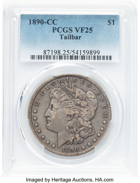 image for: 1890-CC $1 Tail Bar, VAM-4, VF25 PCGS. A Top 100 Variety. PCGS Population: 36 in 25, 770 finer (10/25). CDN: $335 Whsle. Bi...