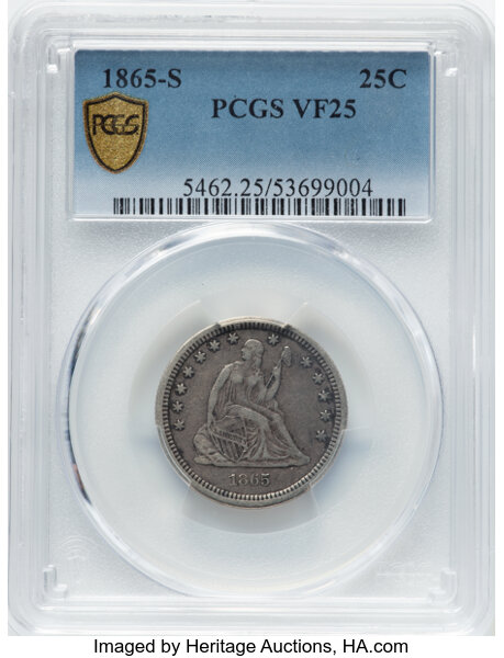 image for: 1865-S 25C VF25 PCGS. PCGS Population: 13 in 25, 58 finer (10/25). CDN: $750 Whsle. Bid for NGC/PCGS VF25. Mintage 41,000. ...
