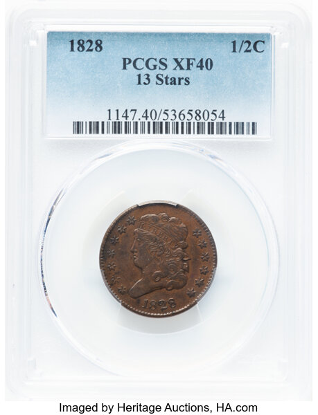 image for: 1828 1/2 C 13 Stars, C-1, B-1, R.2, XF40 PCGS.  CDN: $112 Whsle. Bid for NGC/PCGS XF40. Mintage 606,000....