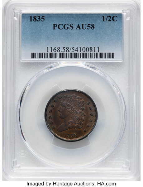image for: 1835 1/2 C C-1, B-1, R.1, AU58 PCGS.  CDN: $200 Whsle. Bid for NGC/PCGS AU58. Mintage 398,000....