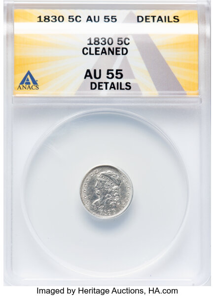 image for: 1830 H10C V-8, LM-3, R.2 -- Cleaned -- ANACS Details. AU55.  Mintage 1,200,000....